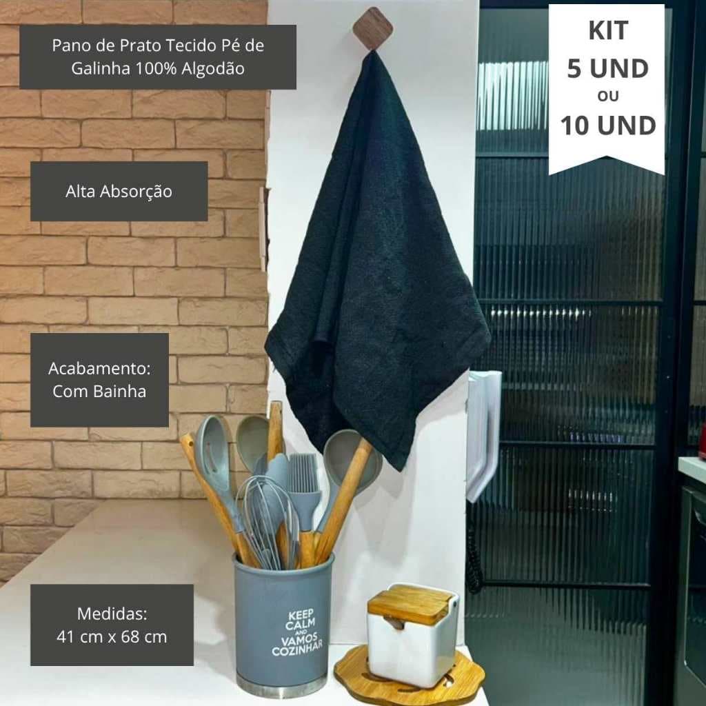 Kit com 5 ou 10 Pano de Prato Preto Liso com Bainha Tecido Pé de Galinha 100% Algodão Premium Grande