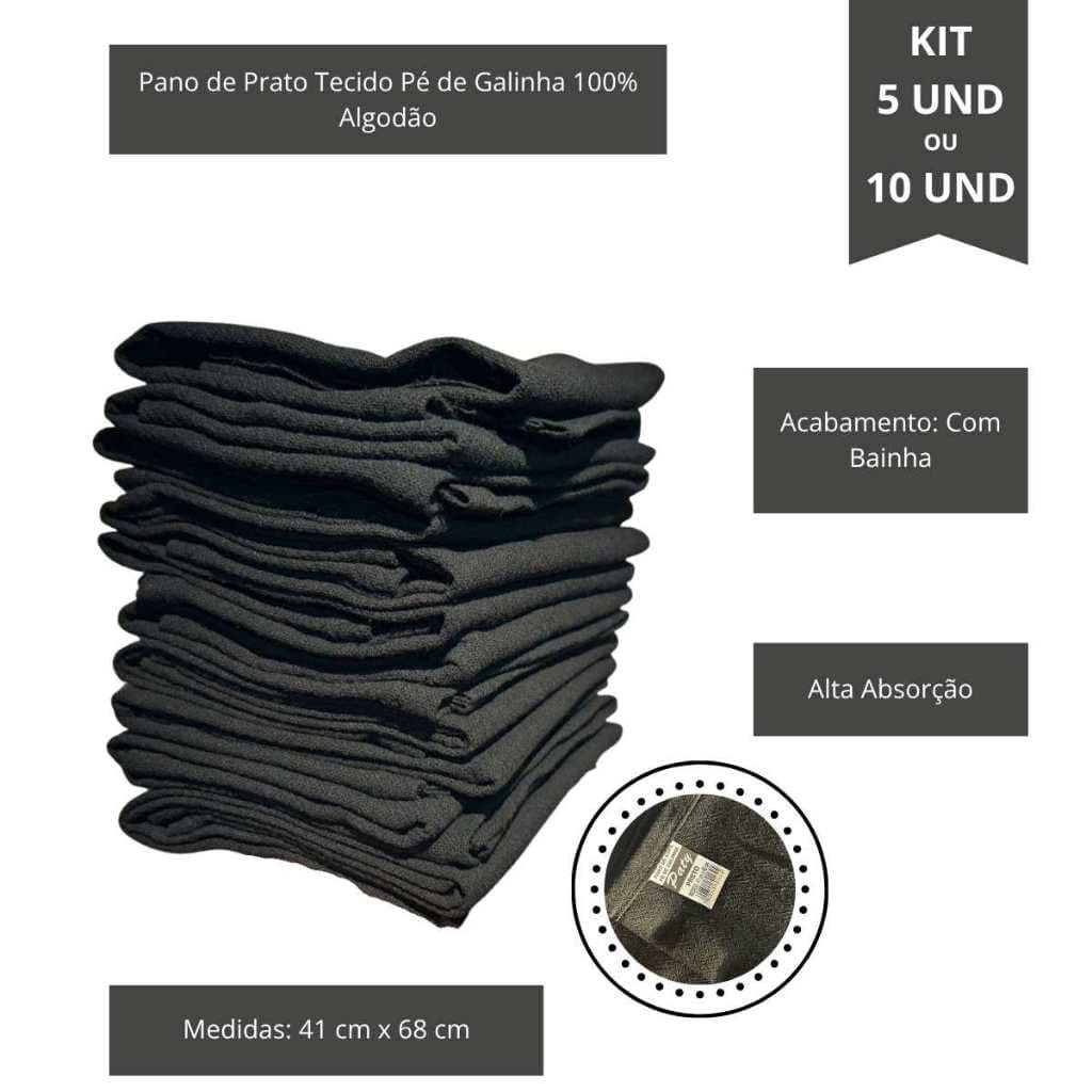 5 Panos de Prato Preto Liso com Bainha Tecido 100% Algodão Pé de Galinha  Premium Grande