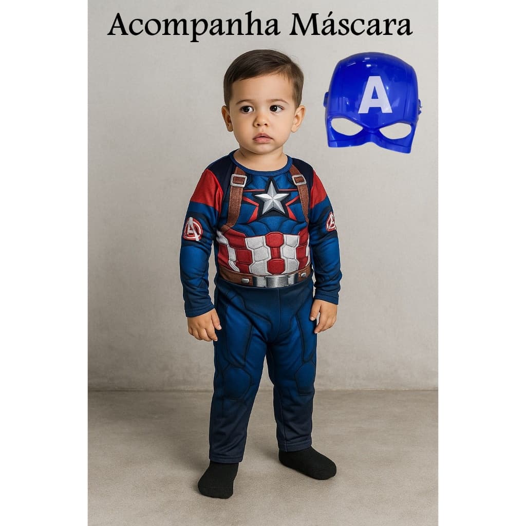 Fantasia Infantil Capitão America Longa Menino com Enchimento e Máscara