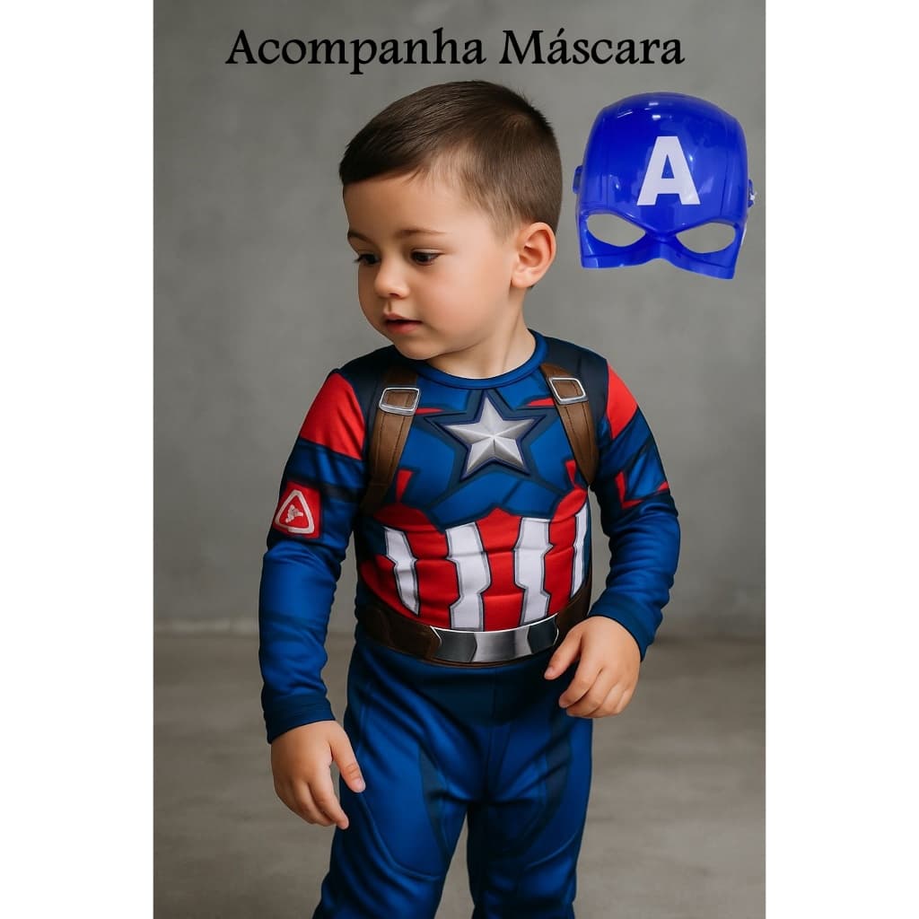 FANTASIA MENINO INFANTIL CAPITÃO AMERICA COM ENCHIMENTO E MÁSCARA