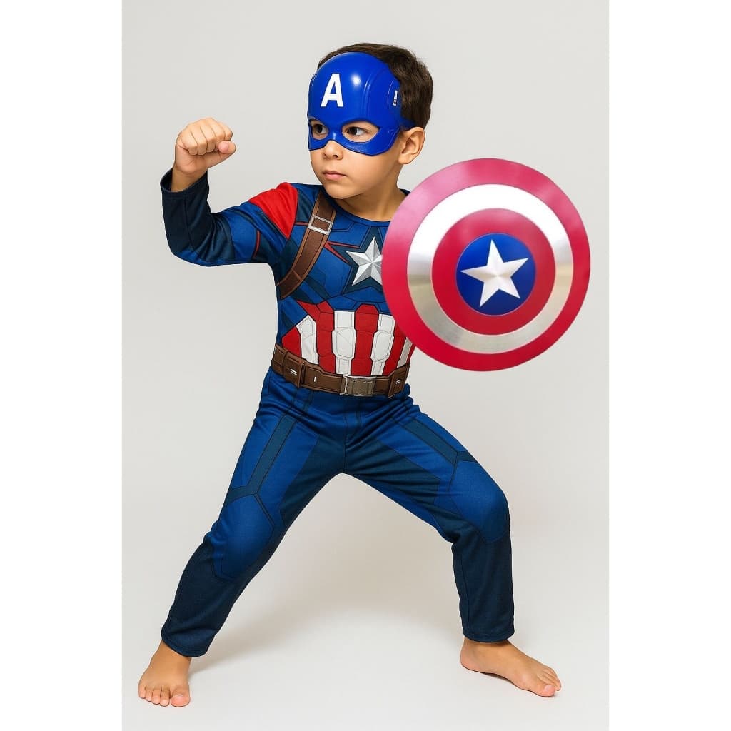 Fantasia Infantil Capitão América Longa com Enchimento Máscara e Escudo