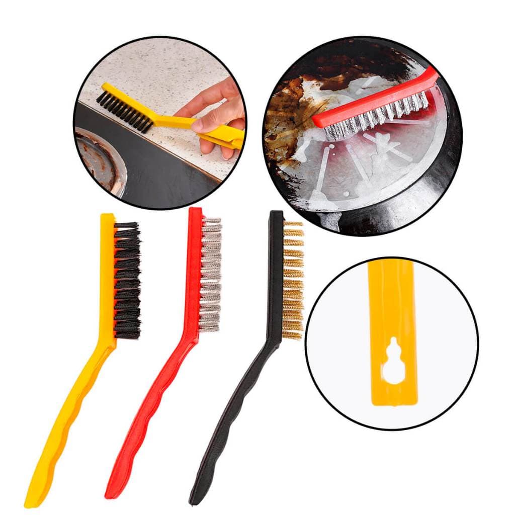 Kit Escovas de Aço 3 Peças para Limpeza Pesada, Ferrugem, Tinta e Resíduos em Metais, Madeira e Concreto