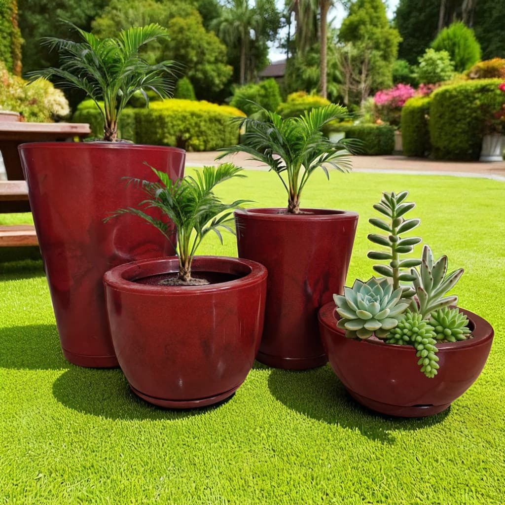 Kit 4 Vasos para Plantas Flores Luxo Moderno em Polietileno Coluna Redonda Marmorizada prato coletor
