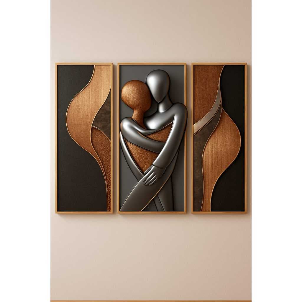 Kit 3 Quadros Decorativos Mosaico Moderno Amor Casal Prateado Estilo Nórdico Decoração Sala Quarto Hall