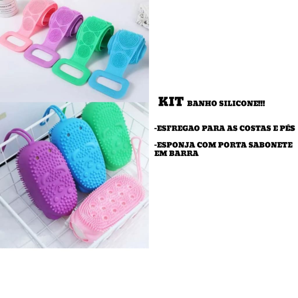 Kit Banho Silicone Esponja Bucha Com Porta Sabonete + Esponja Massageadora Lava Corpo Esfoliação