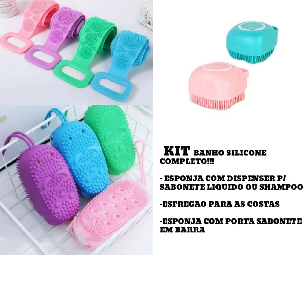 Kit Banho Silicone Bucha Porta Sabonete + Esponja Massageadora Corpo Esfoliação + Esponja Dispenser