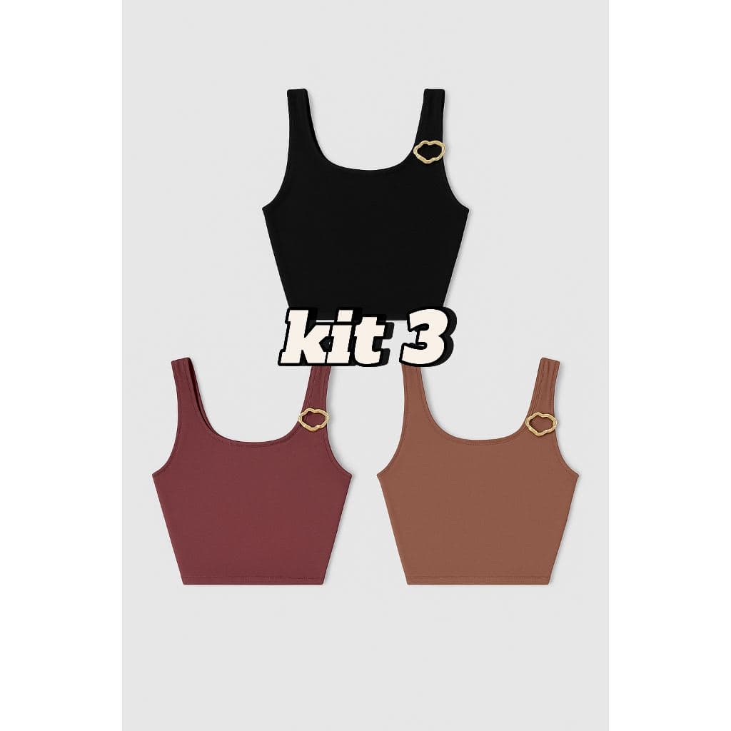 kit 3 Cropped Feminino Canelado Camiseta básica Feminina com detalhe Cropped Canelado