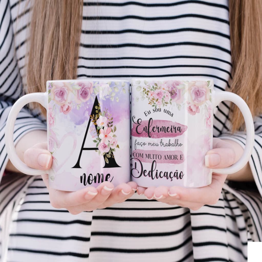 Caneca Xícara Personalizada com seu Nome Alfabeto Floral Enfermeira Porcelana 325ml