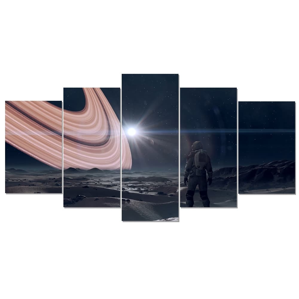 Quadro Decorativo Astronauta Universo Mosaico 5 Peças Galáxia Espaço Sala Quarto e Hall