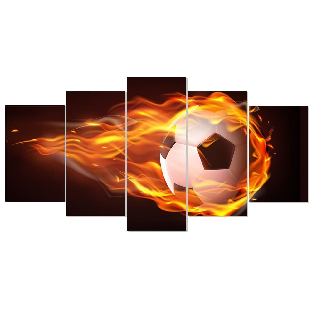 Quadro Decorativo Bola de Futebol Fogo Mosaico 5 Peças Esporte Impactante Sala Quarto e Hall