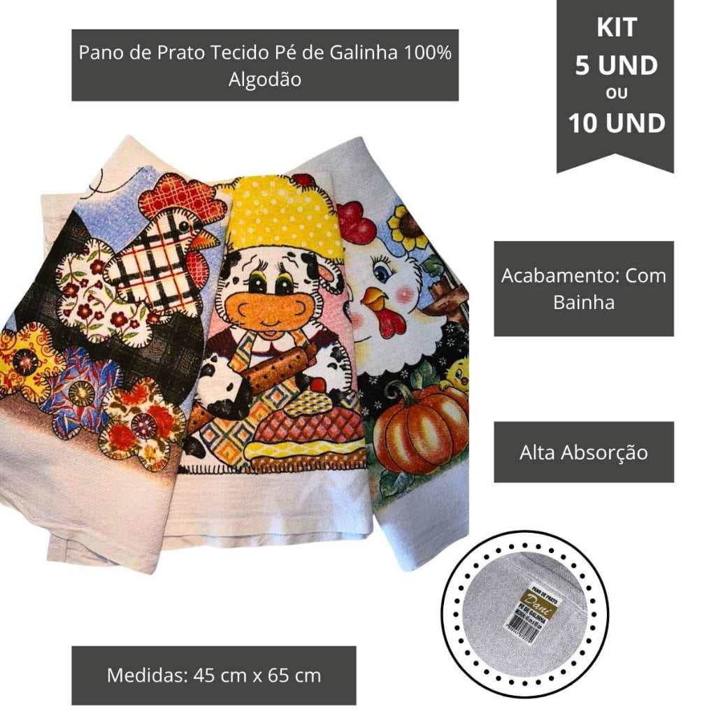 Pano de Prato Estampado Kit 5 e 10 unidades,  Tecido Pé de Galinha 100% Algodão Premium Grande