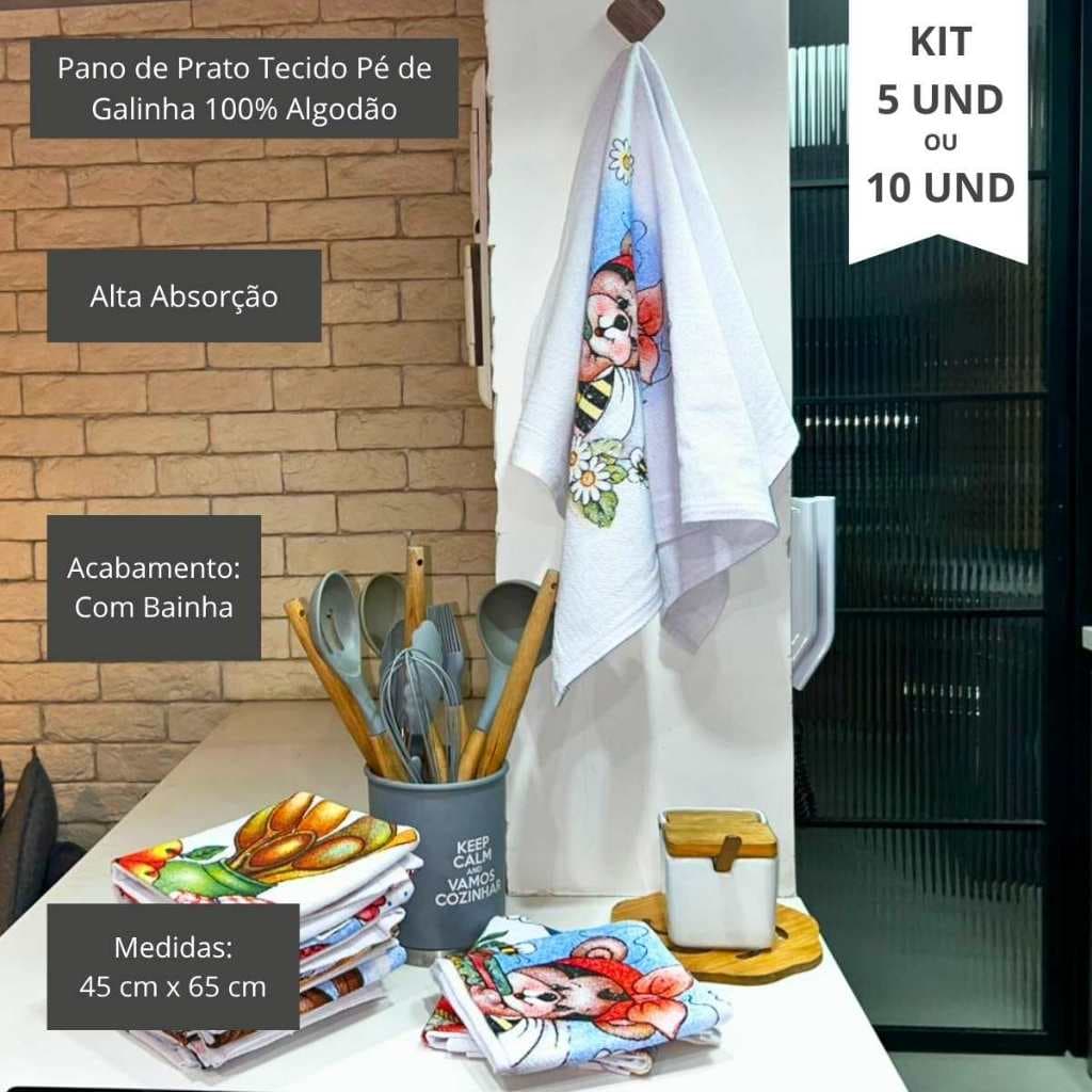 Kit Pano de Prato Grande Estampado Atacado, com Bainha  100% Algodão Tecido Pé de Galinha