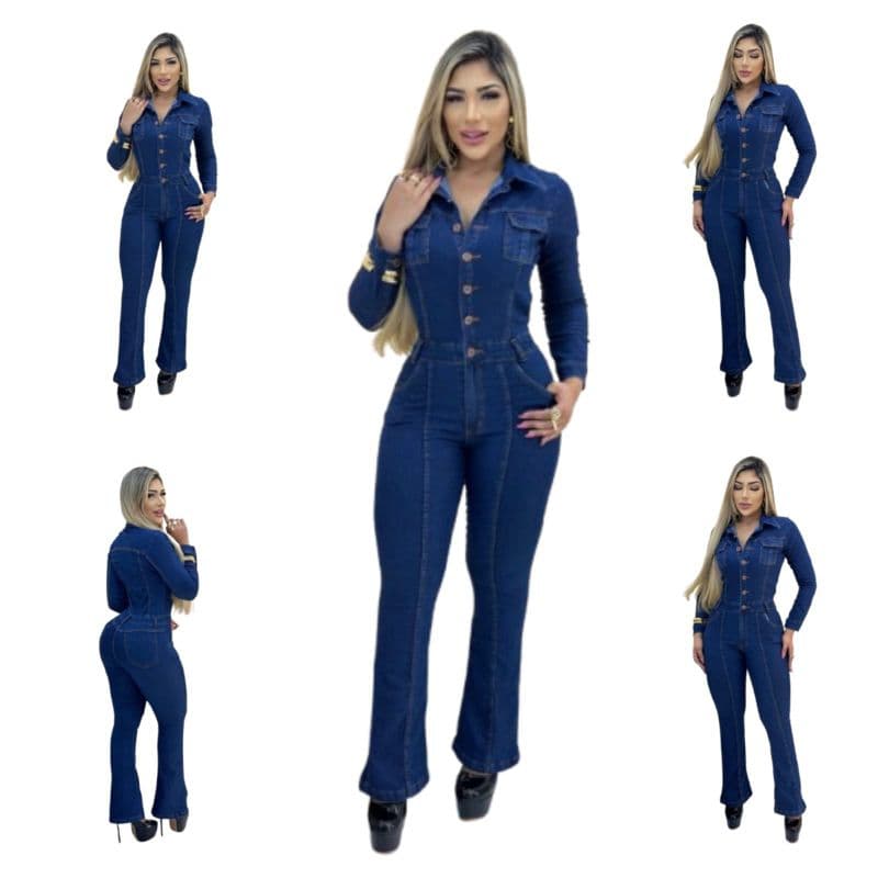 Macacão Flare Manga Longa Jeans Feminino Inverno Moderno