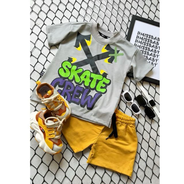 Conjunto  premium Infantil Masculino Oversized –Camiseta e Shorts -FORMA GRANDE | oversised skate + teco mostarda