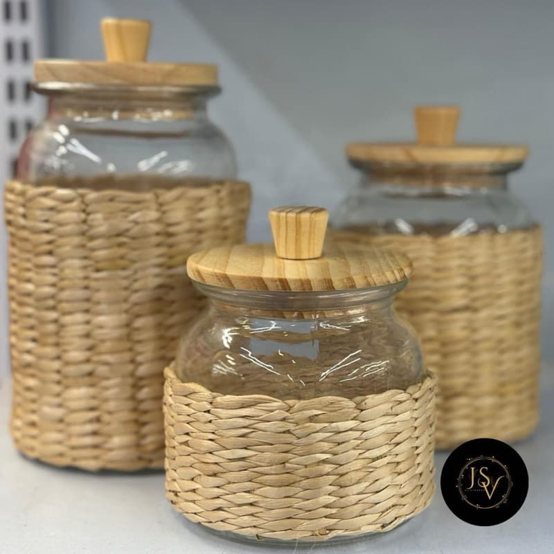 Potes Herméticos Vidro + Fibra Natural + Tampa de Bambu 700ml 1L 1,3L Decorativo Rústico