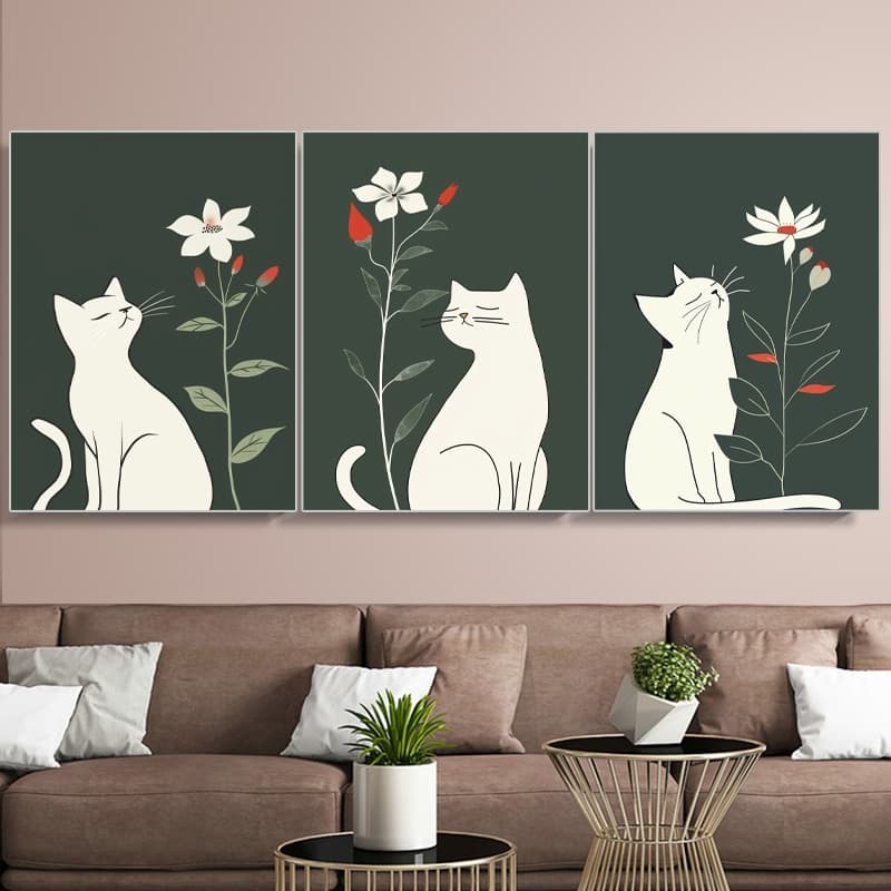 Quadros Decorativos Pintura decorativa floral de gato para sala de estar de arte moderna