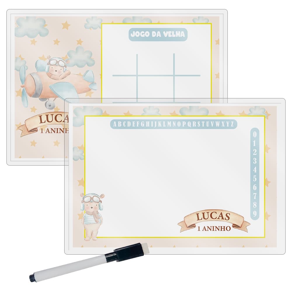 10 Lousa Mágica + Caneta Com Apagador Personalizada Lembrancinha Festa Infantil Tema Ursinho Aviador