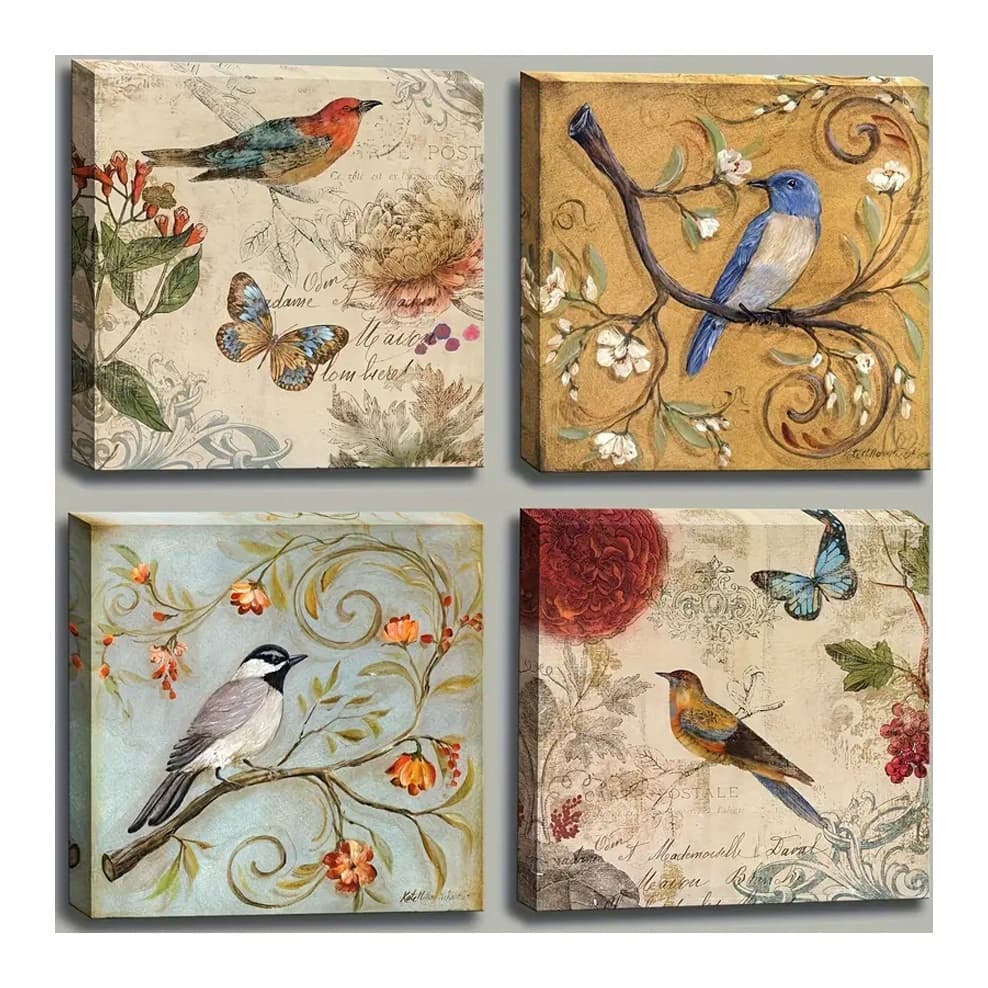 Conjunto de 4 Peças de Arte de Parede em Tela com Inspiração Vintage - Design Elegante de Flores e Pássaros