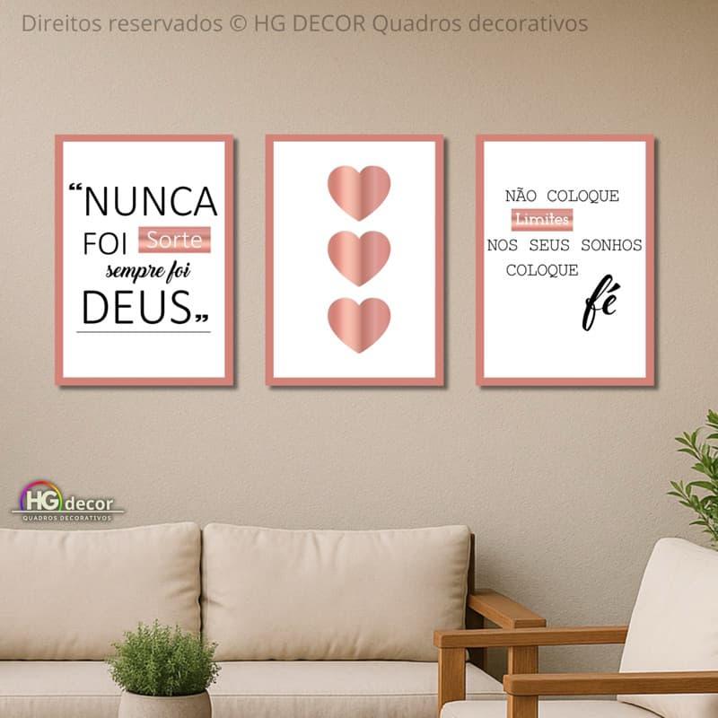 Kit 3 Quadros com Frases Motivacionais e Corações Rosé | Inspiração e Fé na Decoração da Sua Casa ou Escritório