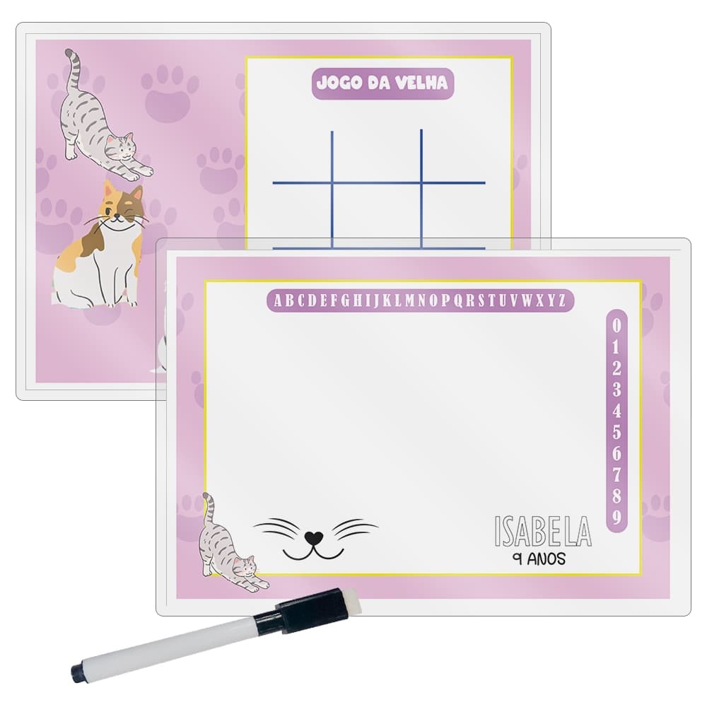 10 Lousa Mágica + Caneta Com Apagador Personalizada Lembrancinha Festa Infantil Tema Gatinho Gato