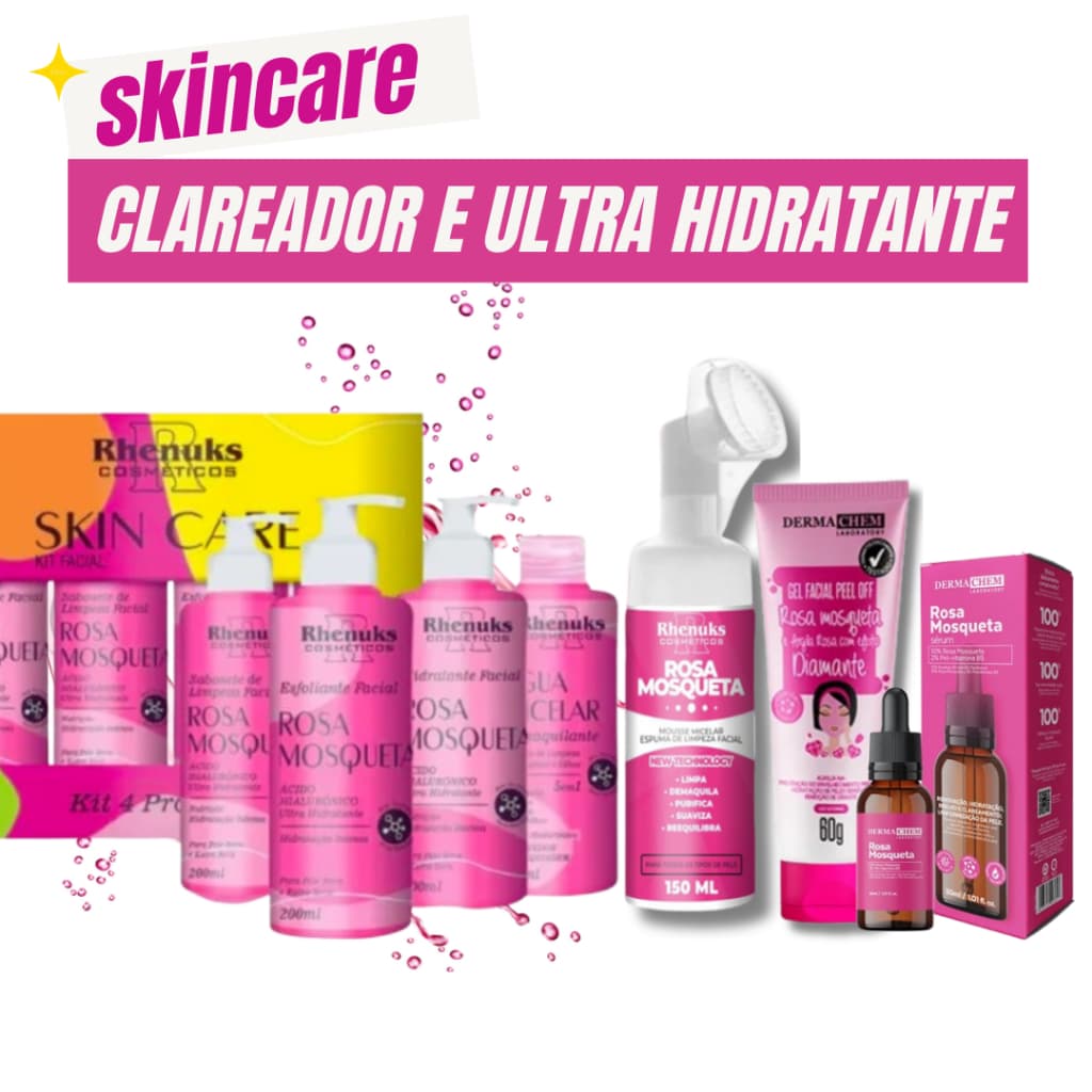 Kit Skincare Rosa Mosqueta Rhenuks + Mousse Micelar Limpeza Facial +Gel Facial Peel off mascara rosa+serum rosa