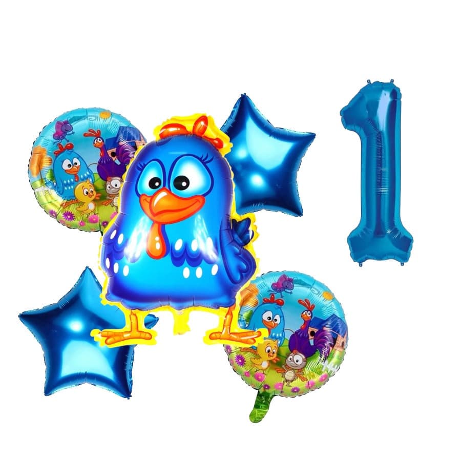 Kit 5 Balões Metalizados Galinha Pintadinha + Número 40cm Azul+ Estrela + Redondo