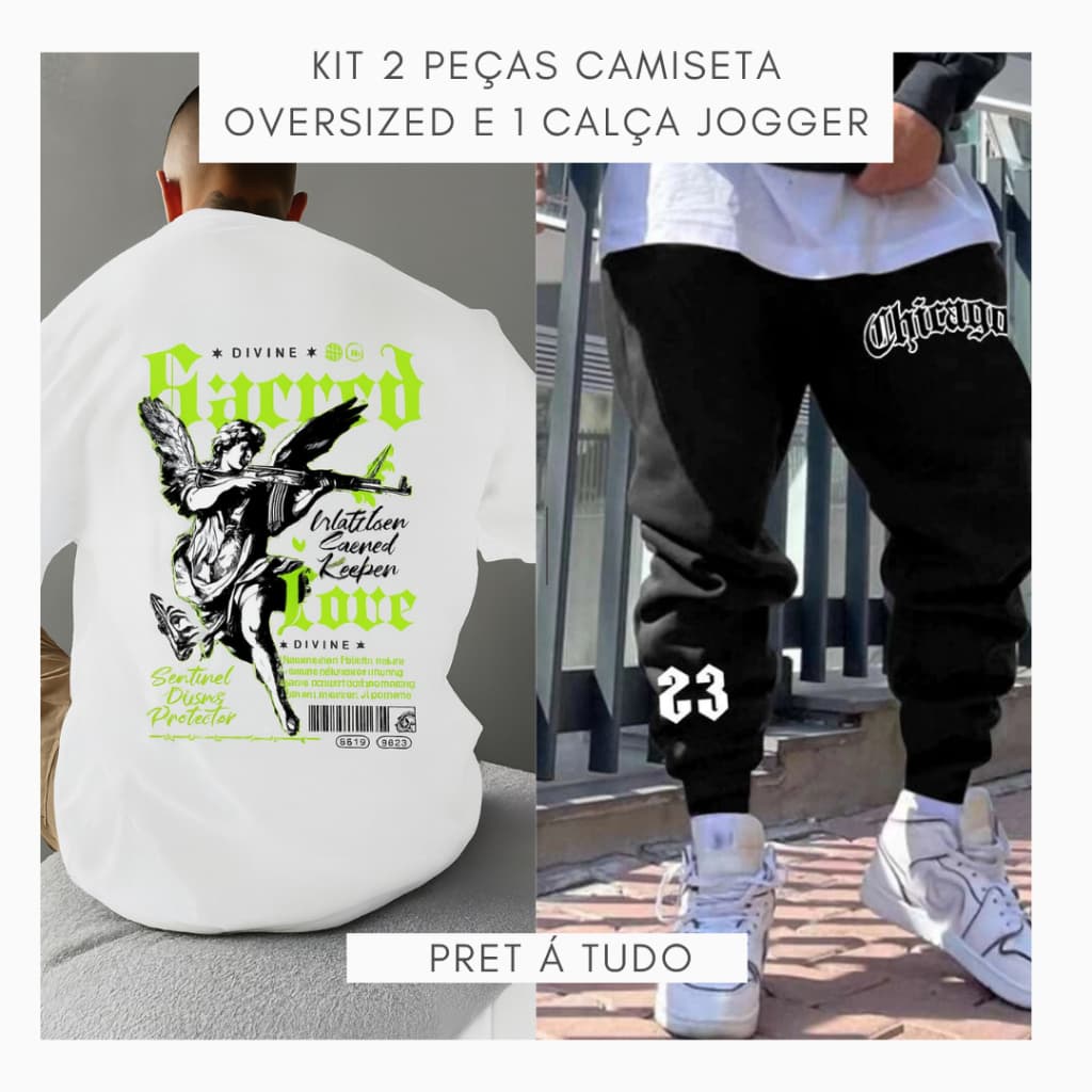 KIT 1 CALÇA DE MOLETOM JOGGER E 1 CAMISETA OVERSIZED SUPER CONFORTAVEL E ESTILOSA