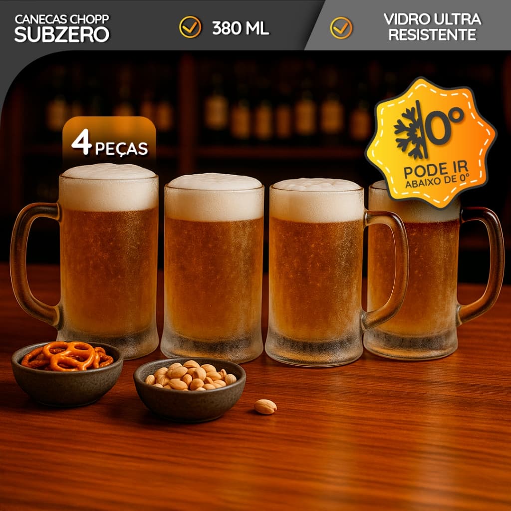 Kit 2/4 Canecas para Chopp 380ml Vidro Reforçado com Alça para Freezer