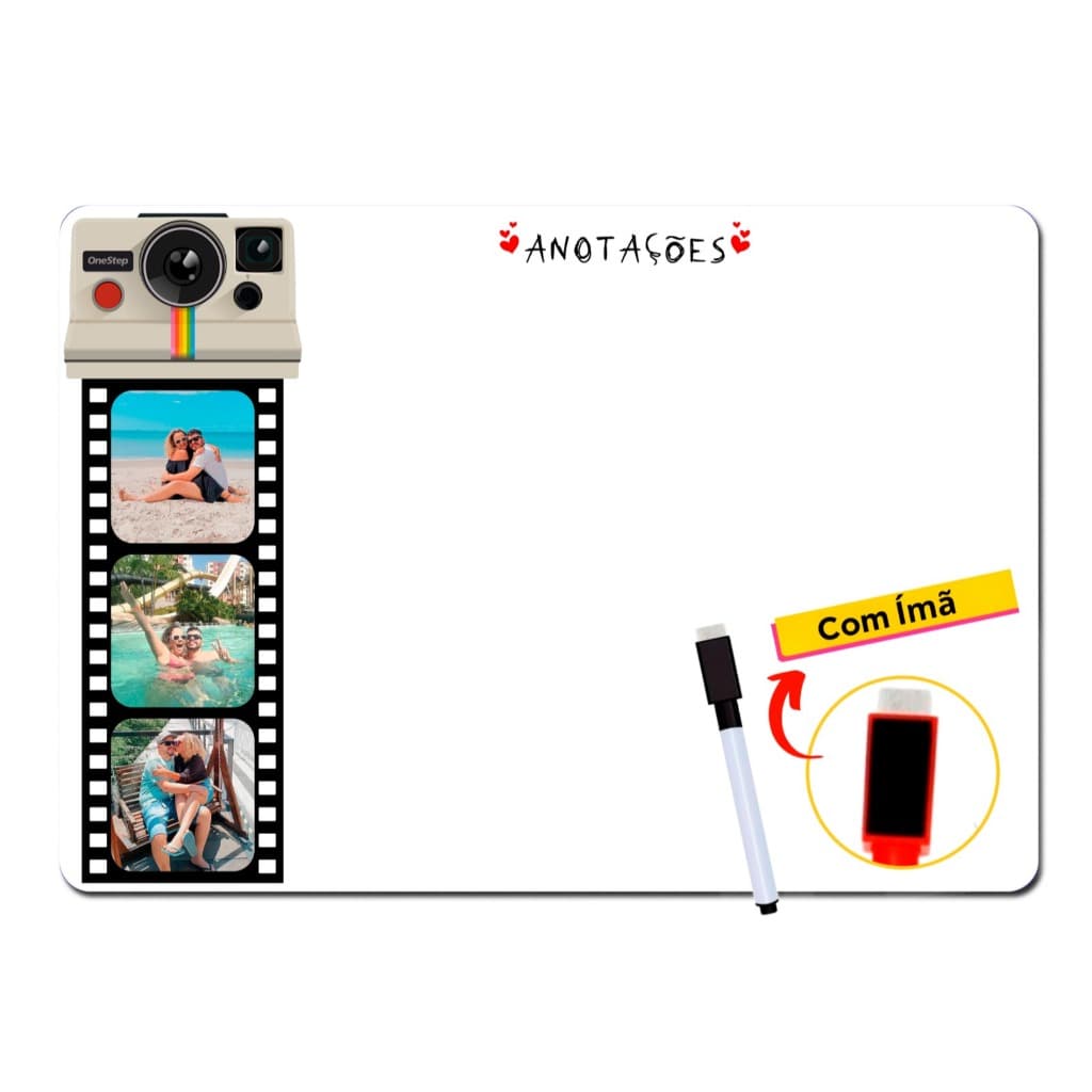 Quadro Lousa Magnética com Foto Personalizado Tirinha Camera Retro - Imã de Geladeira c/ Caneta Escreve e Apaga