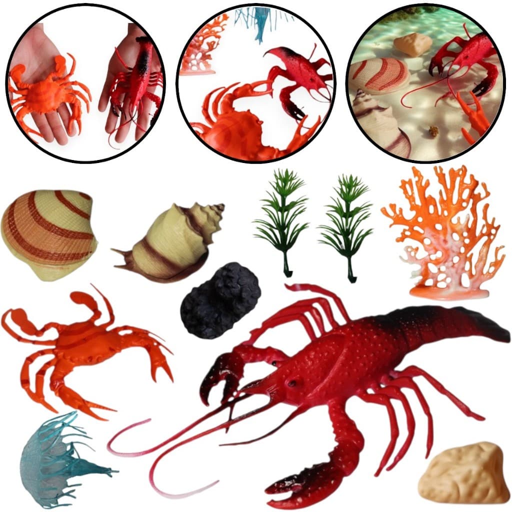 Brinquedo Animais Aquáticos Marinhos Fundo do Mar 10 Peças Lagosta Concha Carangueijo