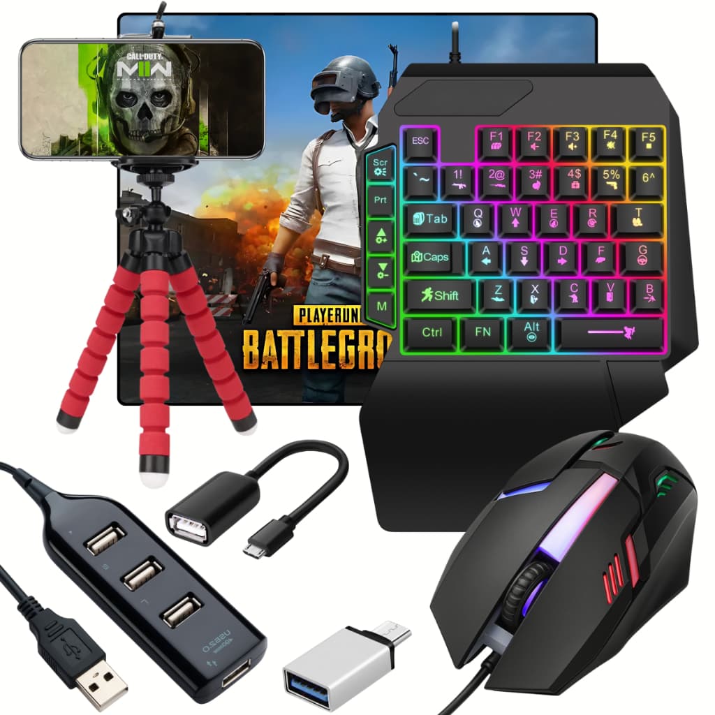 Kit Mobilador Celular Teclado Gamer Uma Mão + Mouse Gamer