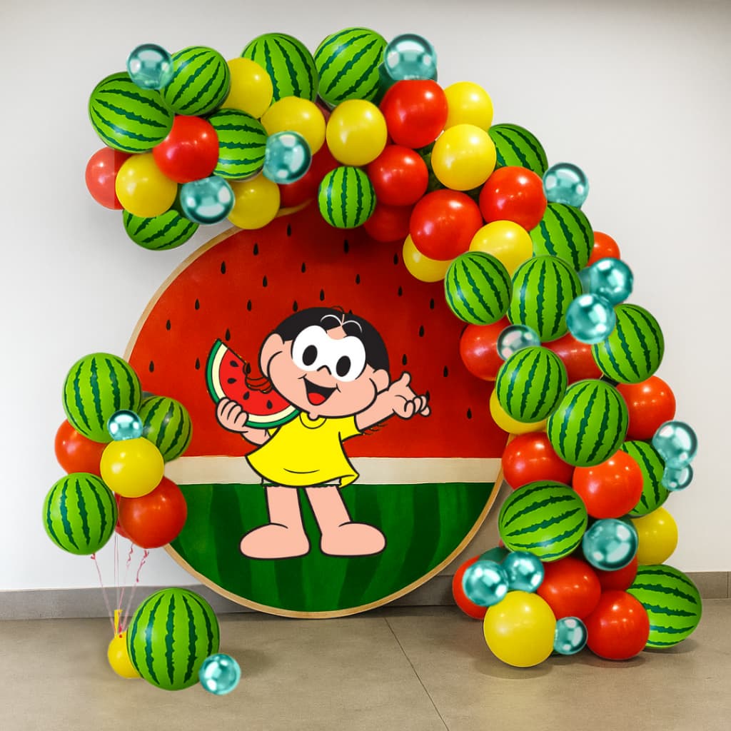 Kit 150un Balões Festa Tema Magali + Fita Arco Bexiga Decoração Turma da Monica