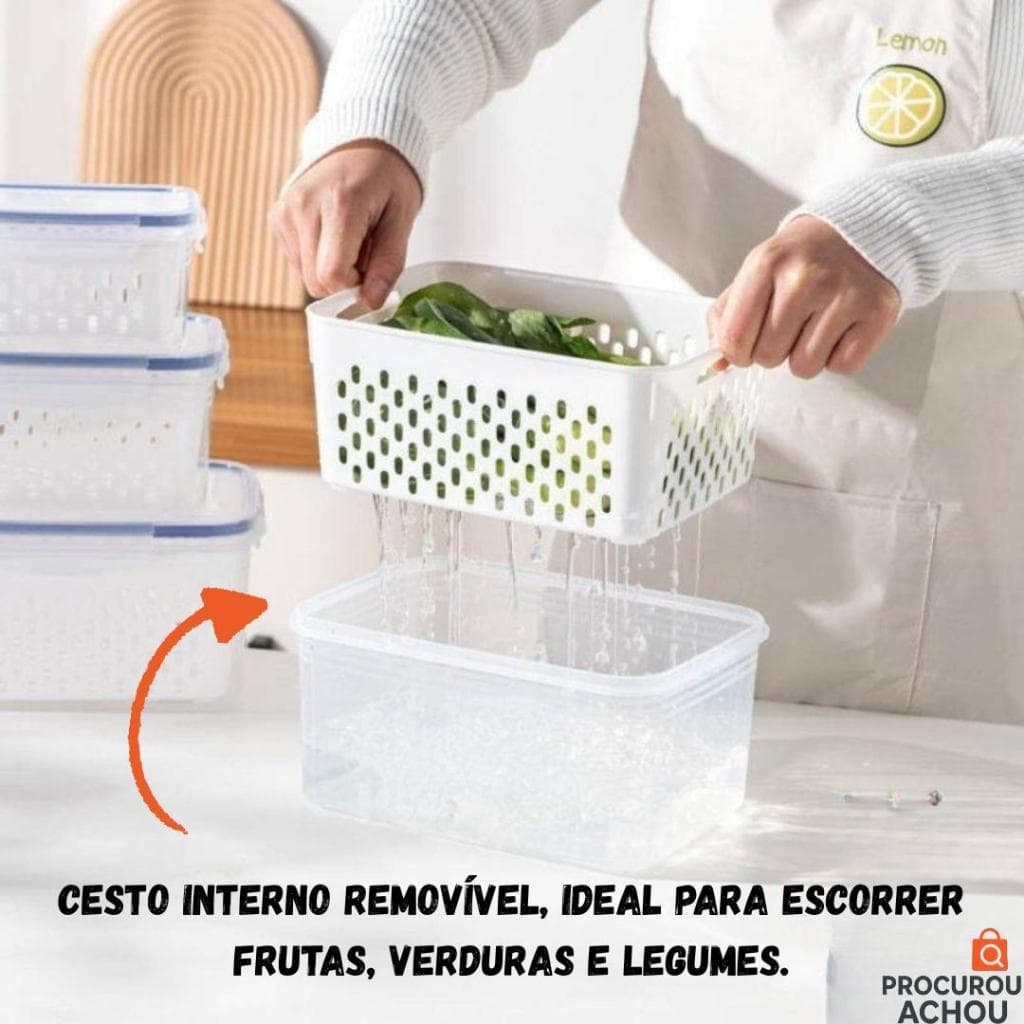 Kit 3 Potes Herméticos com Cesto Interno Branco Removível Armazena Escorre Fruta Verduras Legumes