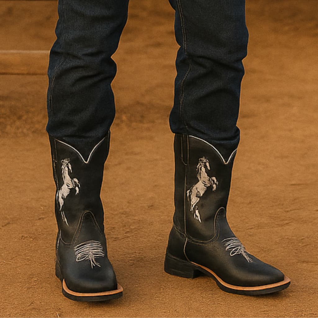 Bota Country Masculina Texana Preta Couro Bordado Cavalo Rústica Peão Roça