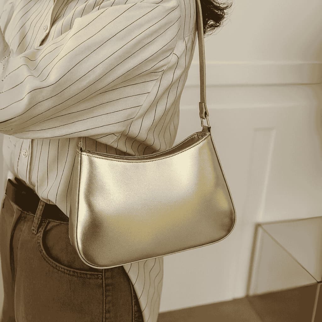 Bolsa Feminina Metalizada Prata Dourado Modelo Baguete de Ombro Casual Elegante Couro