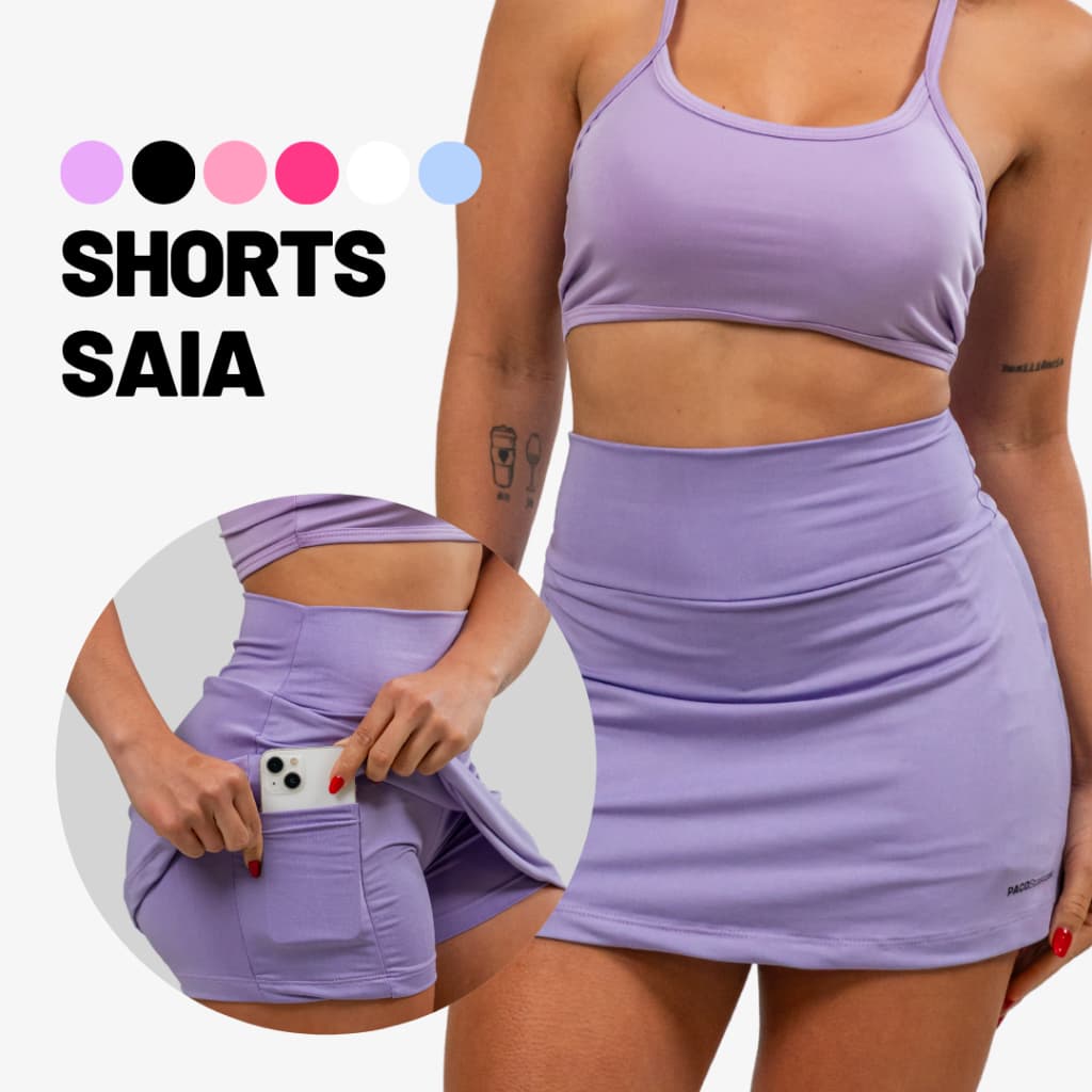 Shorts Saia Academia Tapa Bumbum 2 Bolso Oculto pra Celular/Chave/Fone Fitness Sport c/ Proteção UV