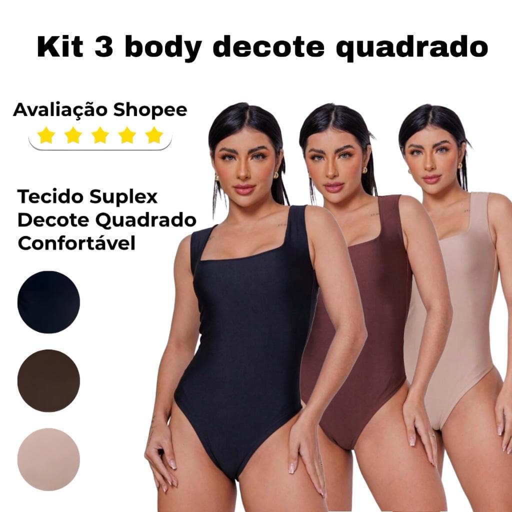KIT 3 Body Feminino Collant Blusa Decote Quadrado Verão