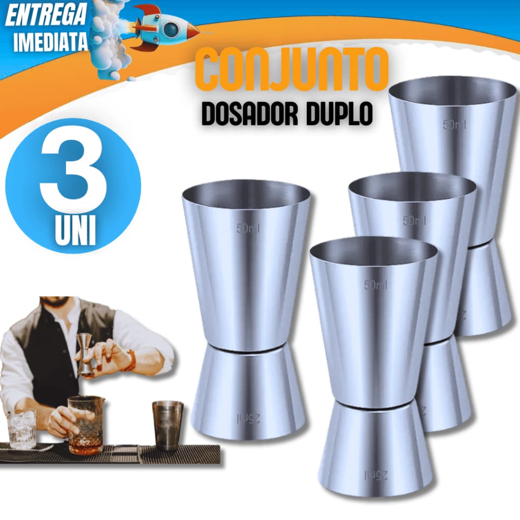 Conjunto com 03 Dosadores Dosador De Bebidas Duplos Medidor Inox Premium Coquetel Drink Variáveis Utilidades