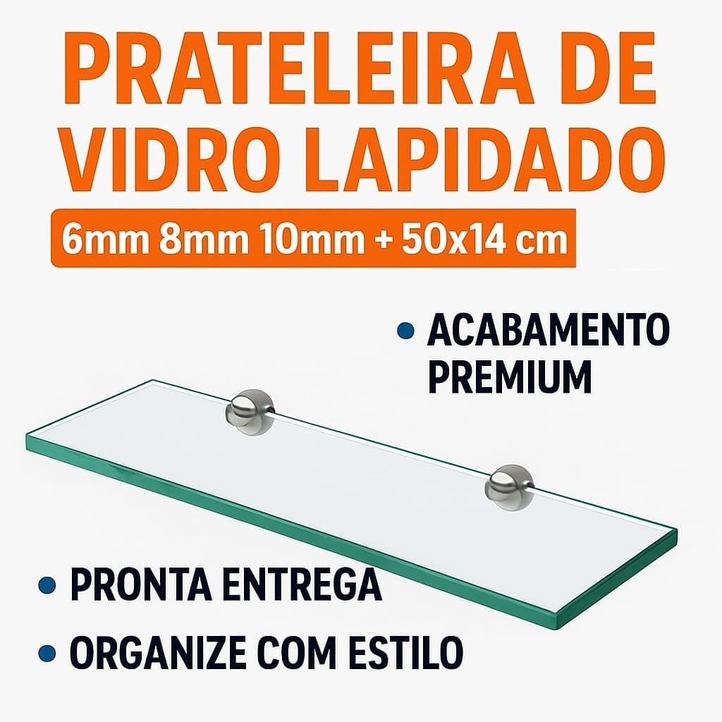 Prateleira de Vidro Lapidado Luxo com Suporte 50x15cm - Porta Shampoo, Banheiro, Cozinha, Lavabo