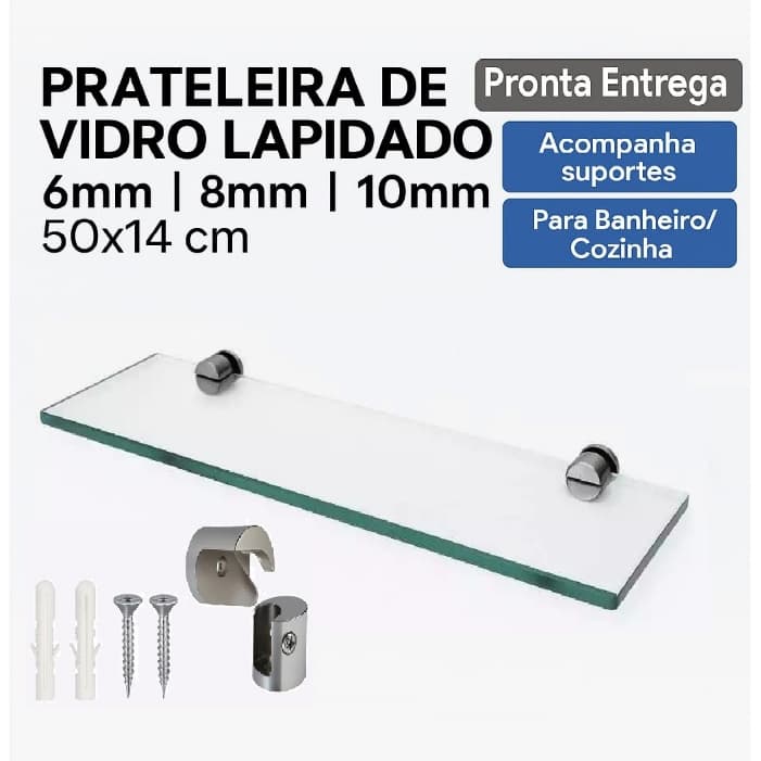 Prateleira de Vidro Lapidado 50x15cm Premium | Com Suporte | Resistente | Melhor Preço | Direto da Fábrica