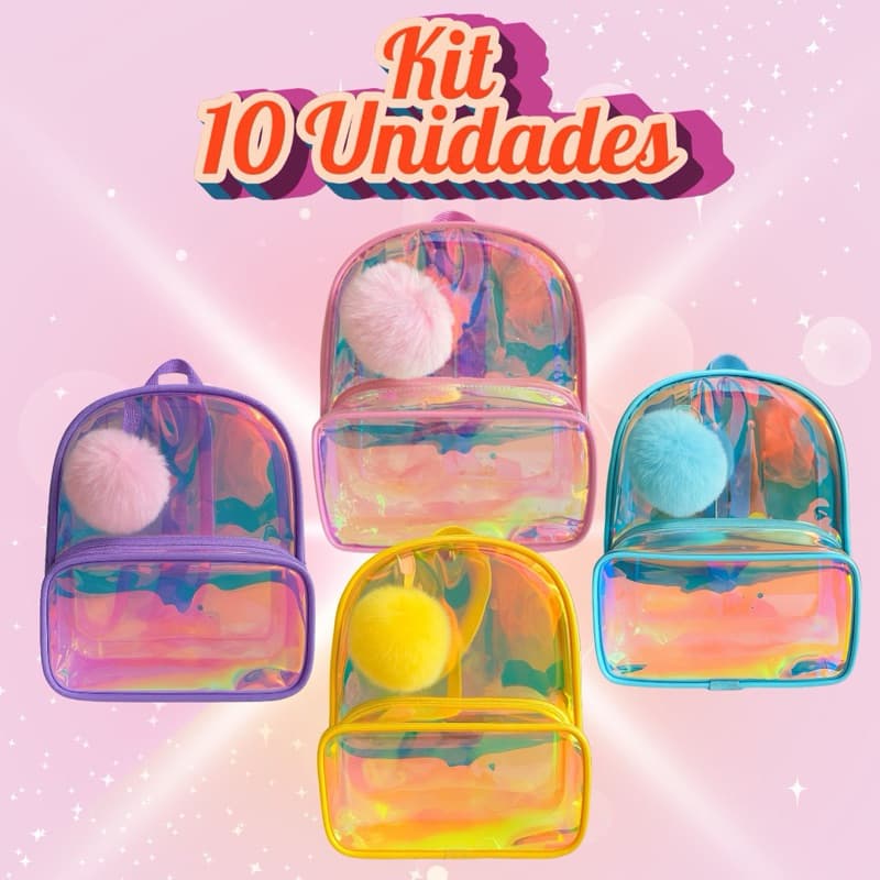 Kit de 10 mochilas transparente holográfico várias cores infantil juvenil menina menino para brinde de festa passeios