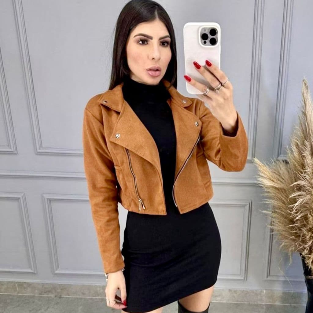 Jaqueta Feminina Suede Jaqueta Curta Manga Longa Inverno