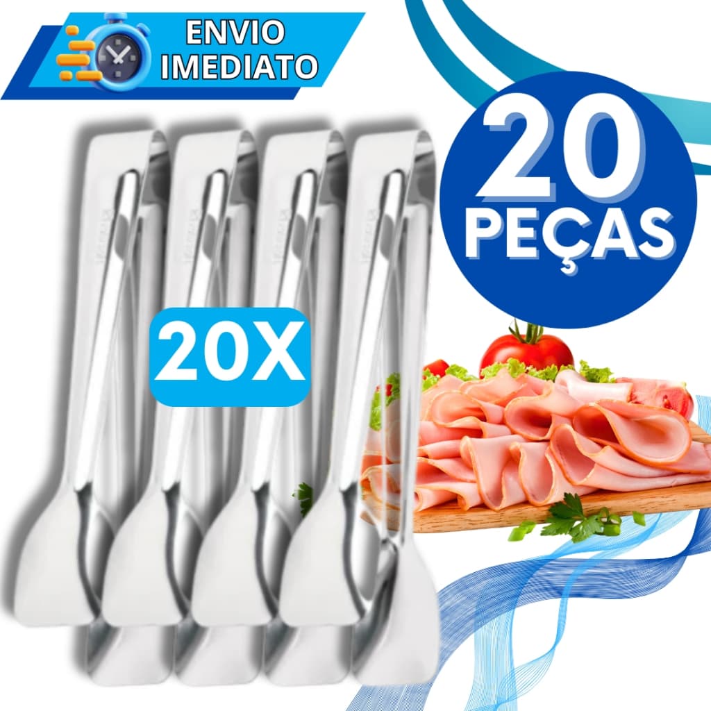 KIT Jogo 20 Pegador De Frios Massa Salgado Carne Salada Inox Universal para Casa Cozinha Buffet Restaurante Churrasco