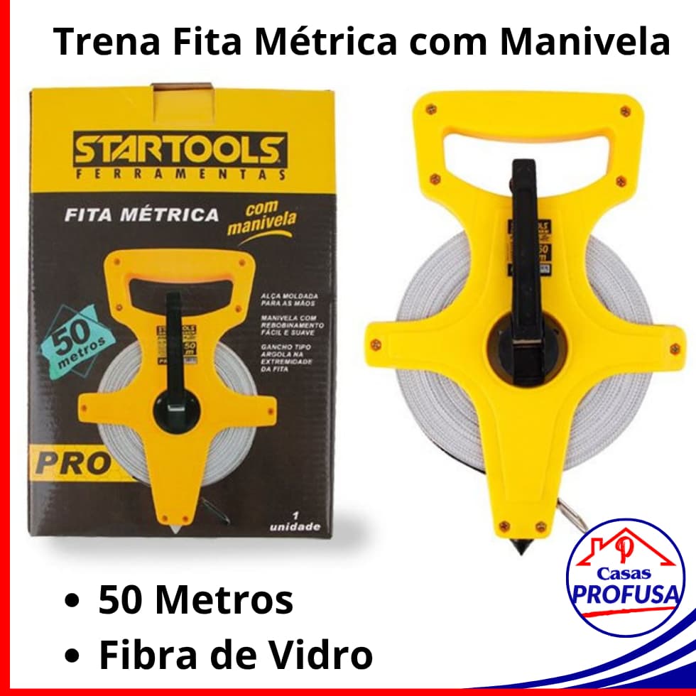 Trena Longa Fibra De Vidro Fita Métrica 50 Metros Com Manivela Pro 50 metros Profissional