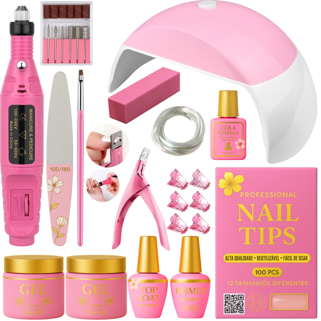 Kit Unha Gel Acrigel Fibra Para Iniciantes Completo Cabine estufa de Unhas e lixadeira elétrica