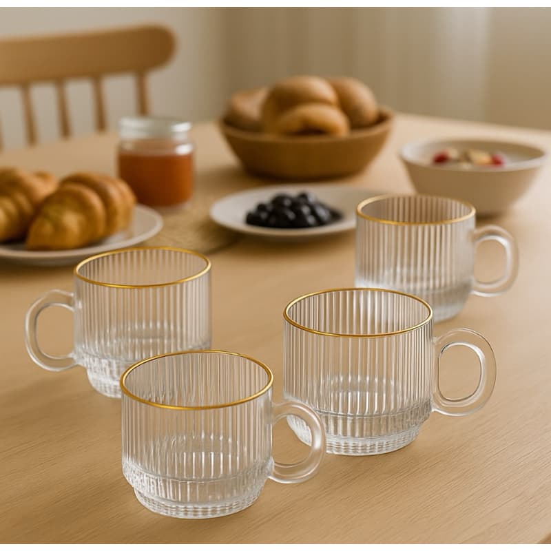 Jogo Xicara/ Caneca De Vidro Grafiatto Transparente com Borda Dourada 95ml 4 Peças Empilhavel