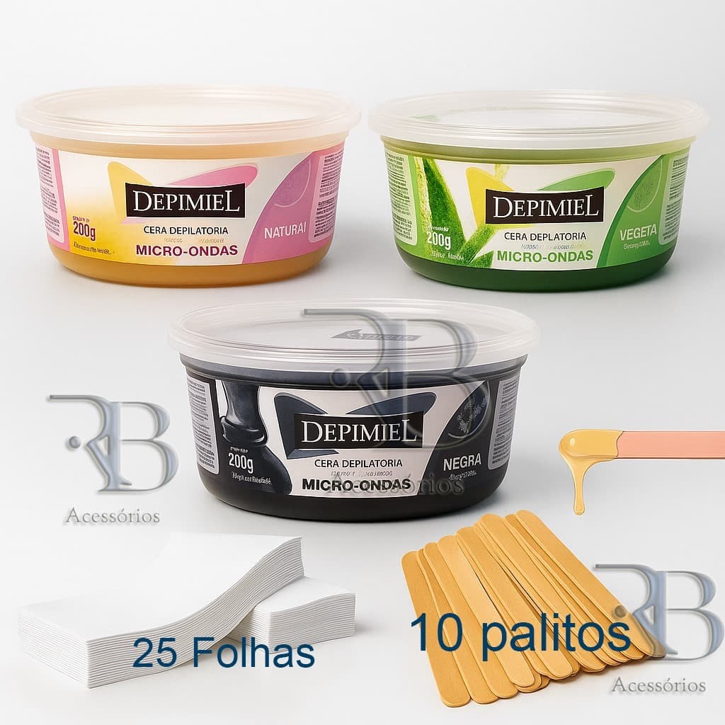 Kit Depilação Cera Quente Micro Ondas + 25 Papel Removedor + 10 Palitos De Aplicação - Depimiel.