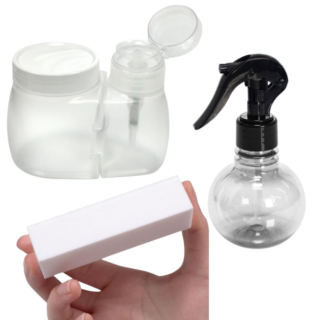 KIT DOSADOR DE ACETONA C PORTA ALGODÃO + PULVERIZADOR BOLINHA 180ML + LIXA CUBO BRANCA