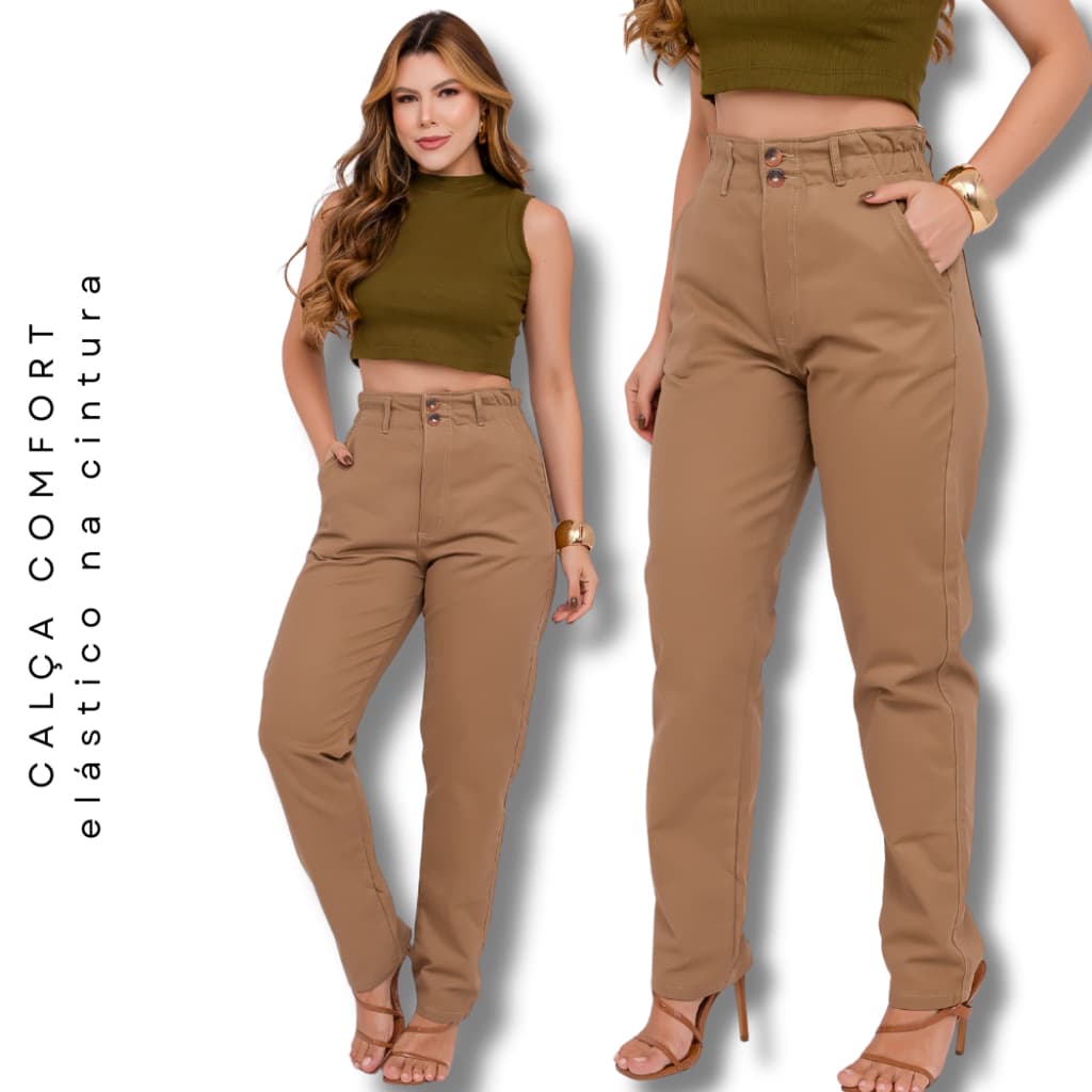 Calça Feminina Sarja Estilo Mom Buggy Confortável Cós Elástico Não Marca Cintura Alta Envio Imediato