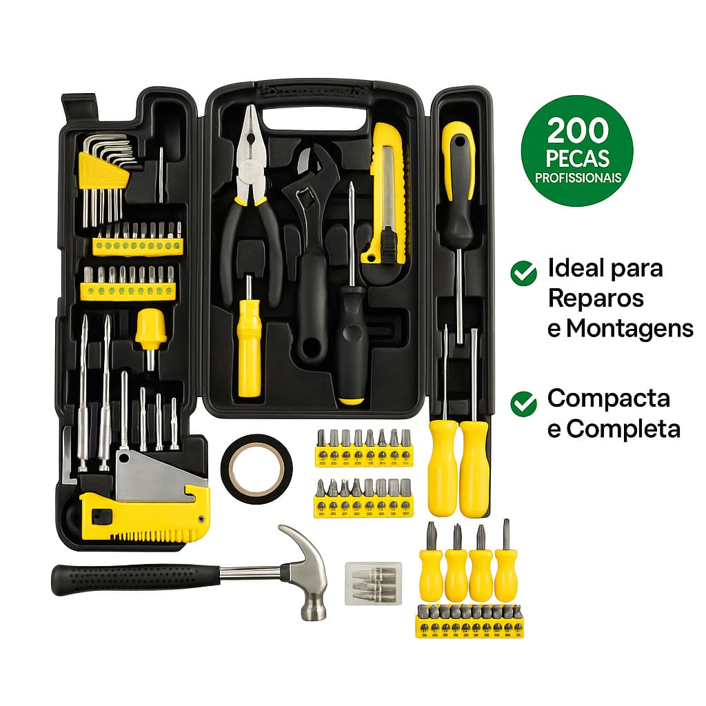 Jogo Ferramenta Maleta 200 Peças Completo Profissional Alicate Martelo Chaves Bits Preto Resistente.